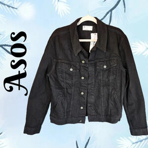 Asos Womens Trucker Black Denim Jean Jacket Sz L Front Medal Button Pockets